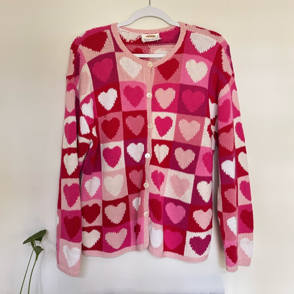 Talbots Pink and Red Heart cardigan Sweater